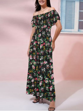 Off-The-Shoulder Floral Print Midi Dress